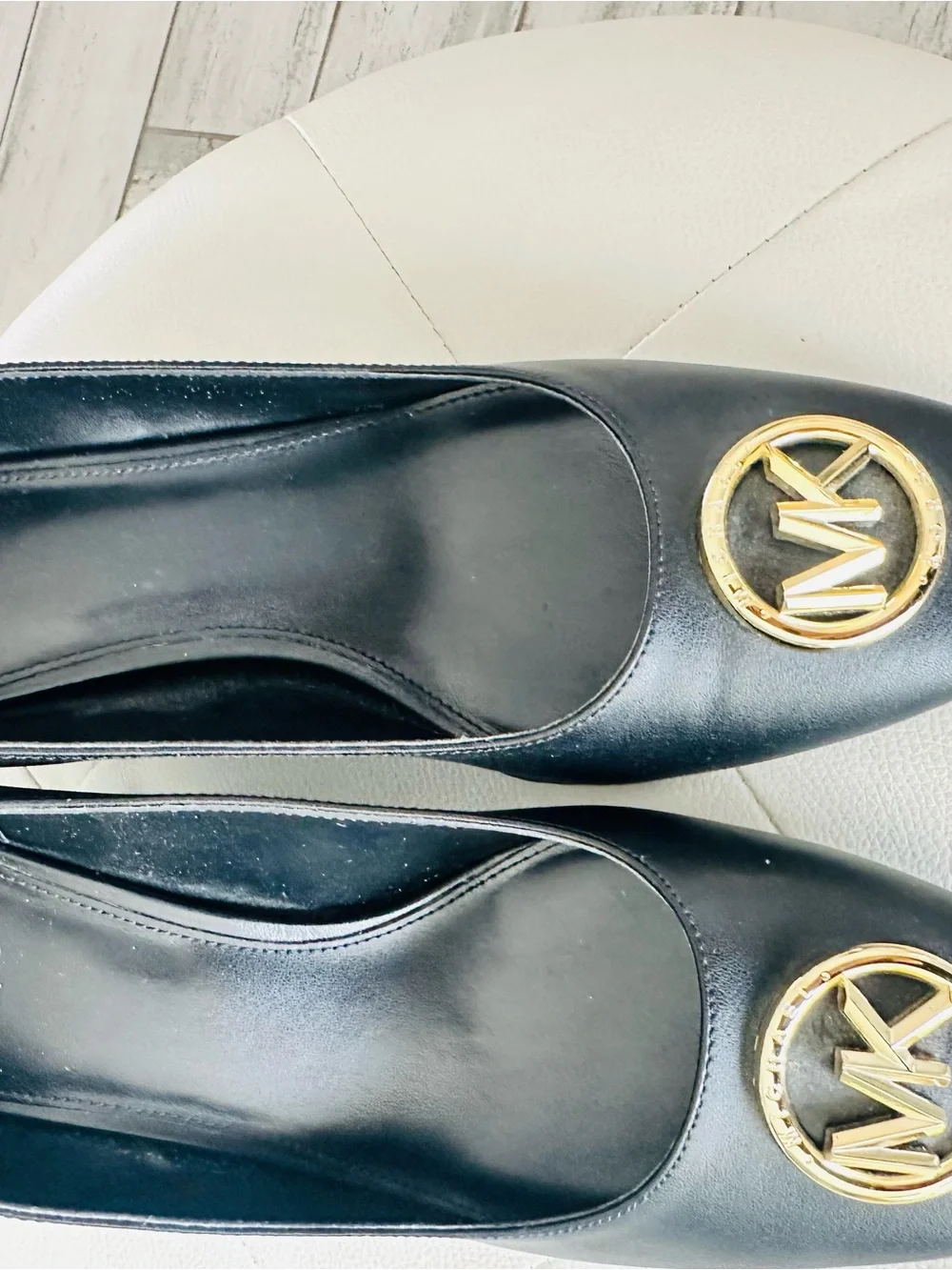 Michael Kors Black Leather Heels with Gold MK Emblem
